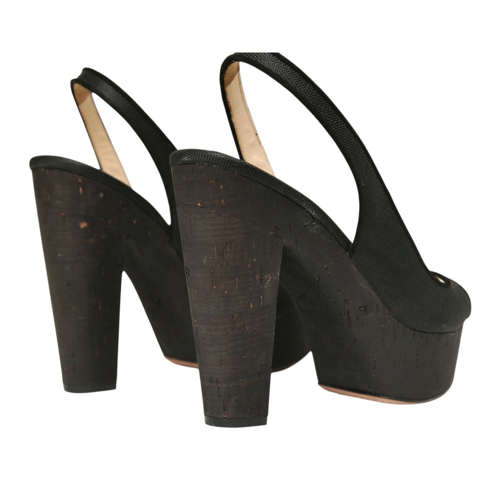 PRADA Black Pumps Platforms Sandals Slingback Fabric Brown Cork Heels Sz 36.5 - Picture 6 of 9